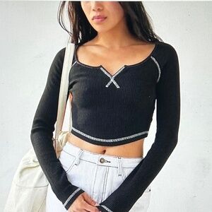 Urban Outfitters BDG Theo Notch Neck Long Sleeve Waffle Knit Top, Size Small